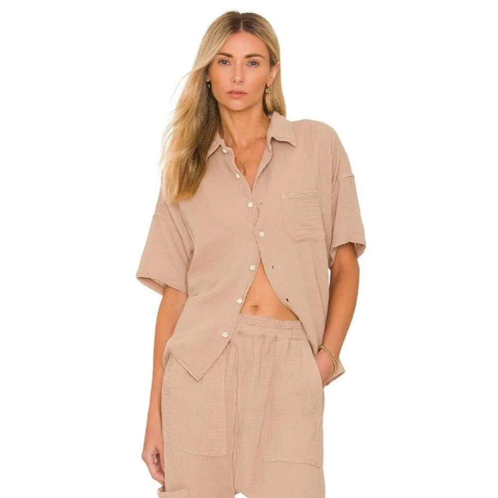 NSF Women's Marks Relaxed Short Sleeve Button Up in Biscuit Size LARGE - Picture 6 of 6